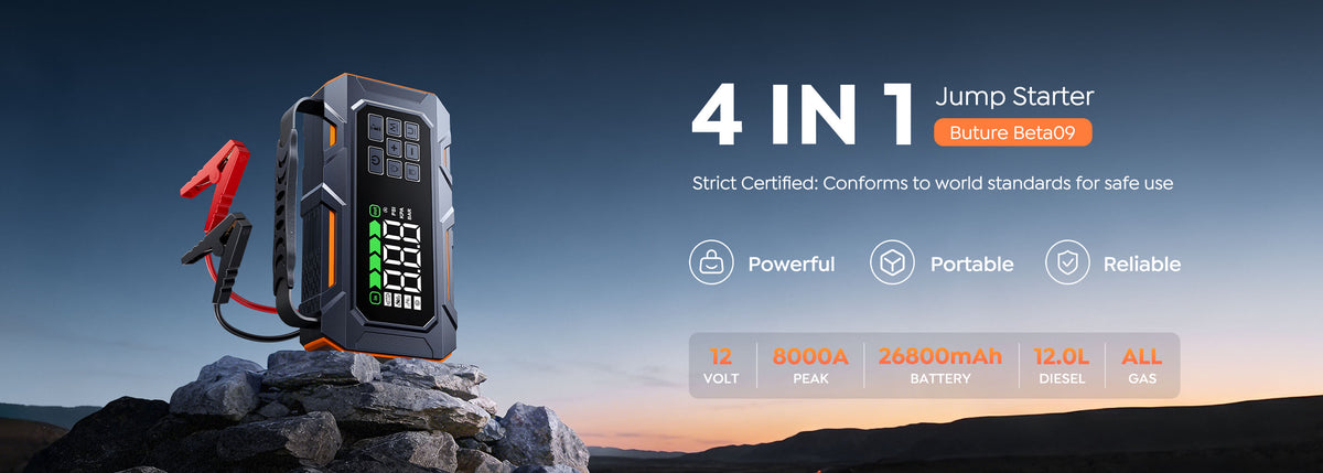 Buture Beta09 4-in-1 portable jump starter, certified for safety, powerful, reliable, and easy to carry for car emergencies.