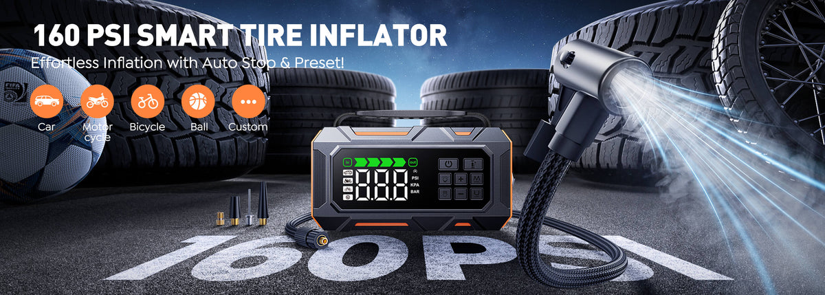 Buture Beta09 jump starter with built-in smart air compressor, preset modes, auto shut-off, LCD pressure display, inflates car tires, bikes, motorcycles, and sports balls, includes 4 nozzles.