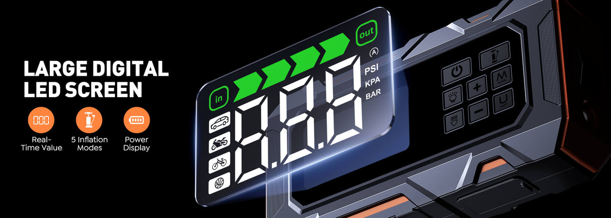 Buture Beta09 car jump starter with bright LED display showing real-time pressure, battery level, and inflation mode, 5 intelligent inflation modes for precise and easy operation.