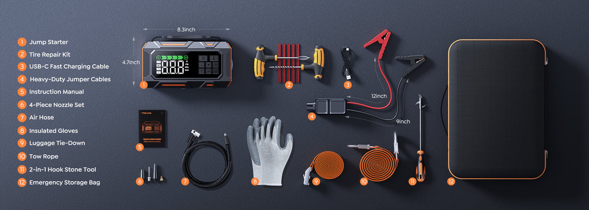 Buture Beta09 jump starter with complete accessories: tire repair kit, USB-C cable, jumper cables, nozzle set, air hose, gloves, tow rope, and emergency storage bag.