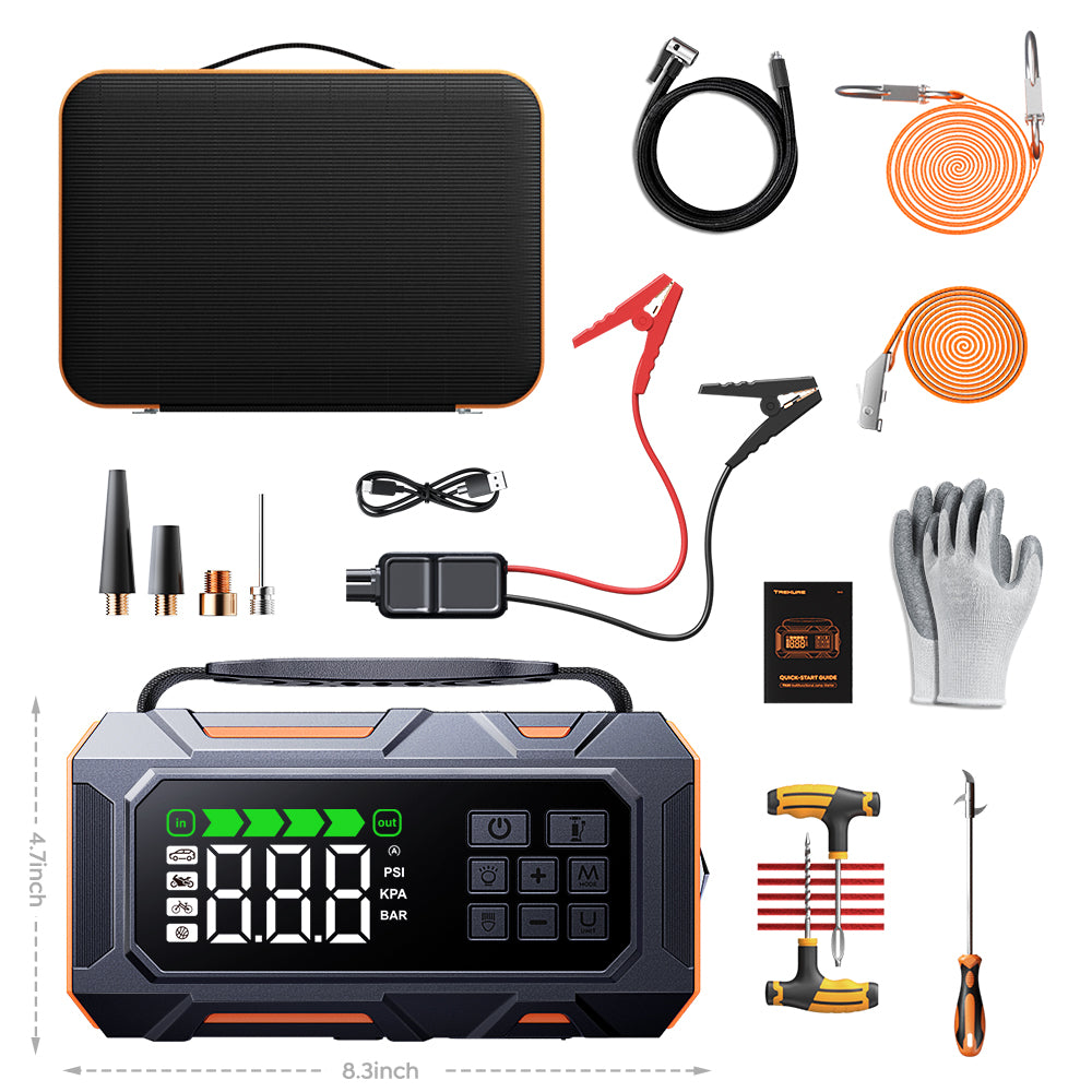Buture Beta09 complete accessory kit includs jumper cables, tire repair tools, air hose, nozzles, gloves, tow rope, and more.