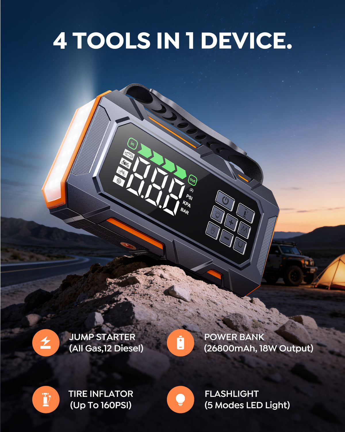 Buture Beta09 4-in-1 car jump starter with 26800mAh power bank, 160 PSI tire inflator, and 5-mode LED flashlight.
