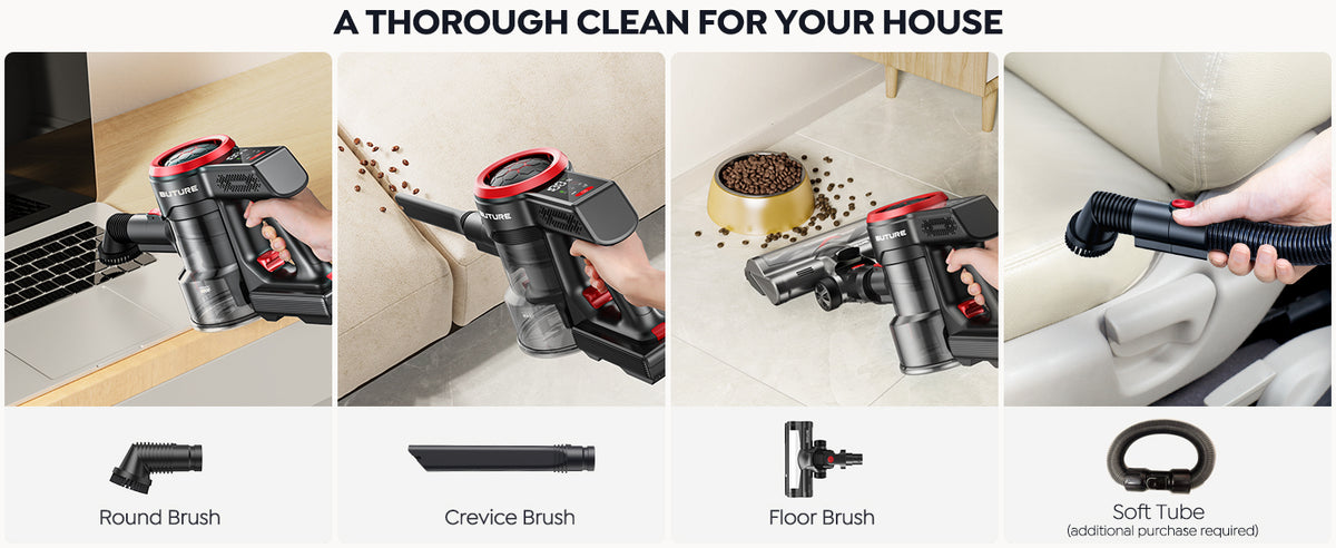 Buture JR700 Red cordless vacuum cleaner with versatile tools including round brush, crevice brush, floor brush, and optional soft tube for thorough cleaning at home.