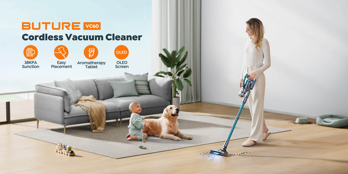 Buture VC60 cordless vacuum cleaner with powerful 38KPA suction, OLED screen, aromatherapy tablet, and space-saving easy placement design – efficient, versatile, and ideal for house cleaning.
