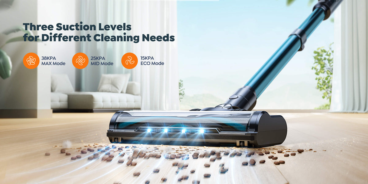 Buture VC60 cordless vacuum cleaner with adjustable suction power (38kPa, 25kPa, 15kPa) and alcohol-free scented card for a refreshing, baby- and pet-safe clean – versatile and ideal for sensitive spaces.