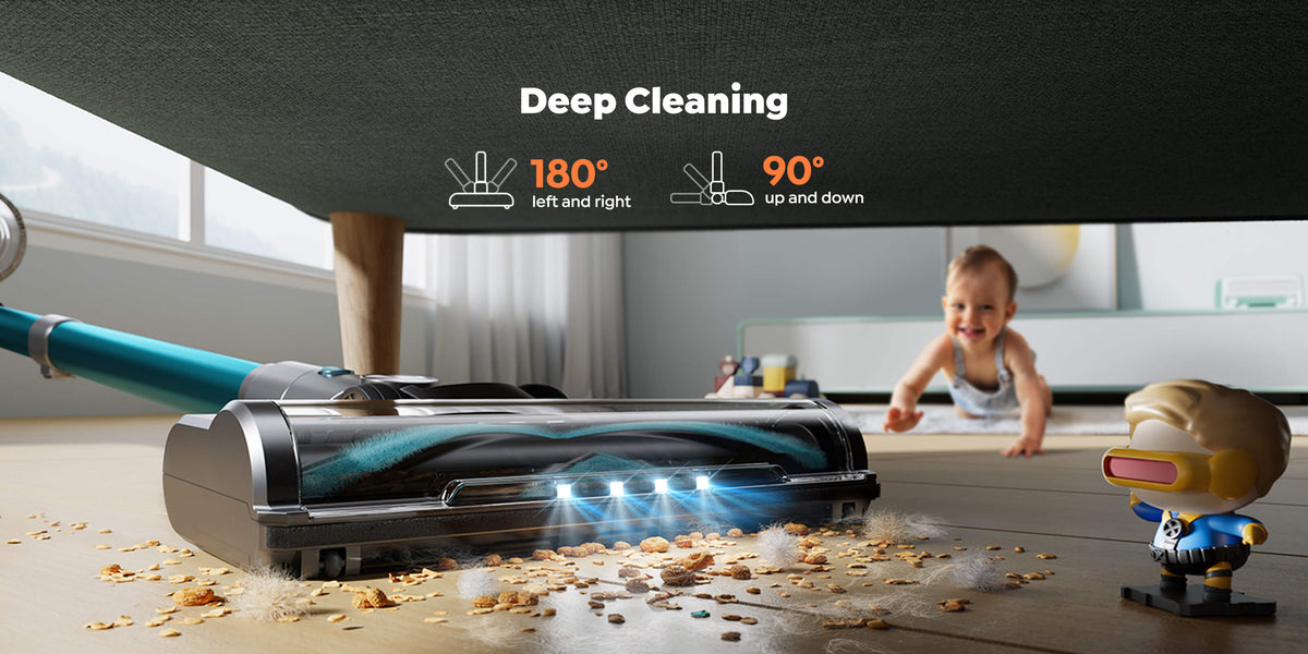 Buture VC60 cordless vacuum cleaner with double handle design for easy deep cleaning, featuring 180° swivel and 90° tilt for effortless maneuvering under furniture.