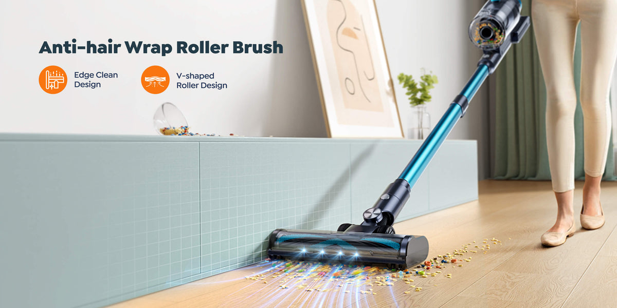 Buture VC60 cordless vacuum cleaner with anti-hair wrap roller brush, V-shaped roller design, and edge-clean feature for efficient cleaning along walls and hard-to-reach areas.
