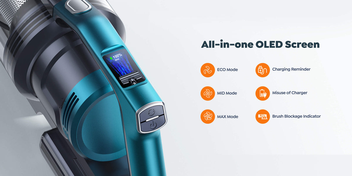 Buture VC60 cordless vacuum cleaner with all-in-one OLED screen displaying ECO, MID, and MAX modes, charging reminders, incorrect charger alerts, and brush blockage indicators for smart, efficient cleaning.
