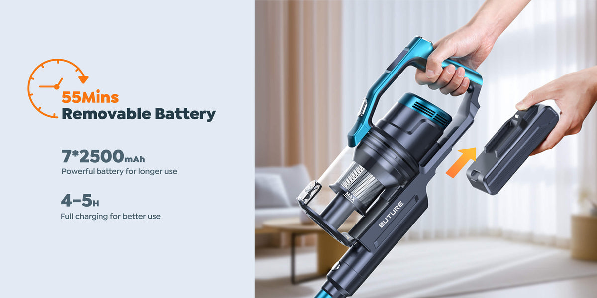 Buture VC60 cordless vacuum cleaner with 7×2500mAh removable battery, delivering up to 55 minutes of runtime and fully rechargeable in 4–5 hours for extended, uninterrupted cleaning.