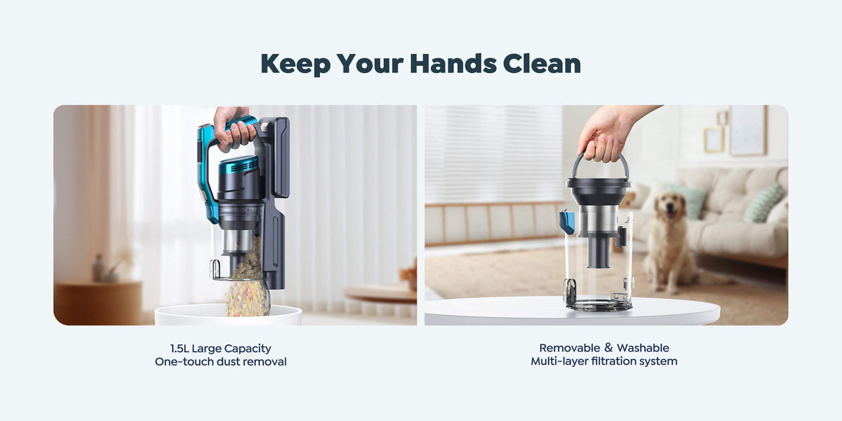 Buture VC60 cordless vacuum cleaner with 1.5L large capacity dustbin, one-touch removable and washable design, multi-layer filtration system to keep your hands clean and maintain efficient cleaning.