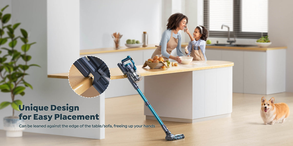 Buture VC60 cordless vacuum cleaner with unique easy placement design, can be leaned against a table or sofa edge to free your hands during cleaning breaks.