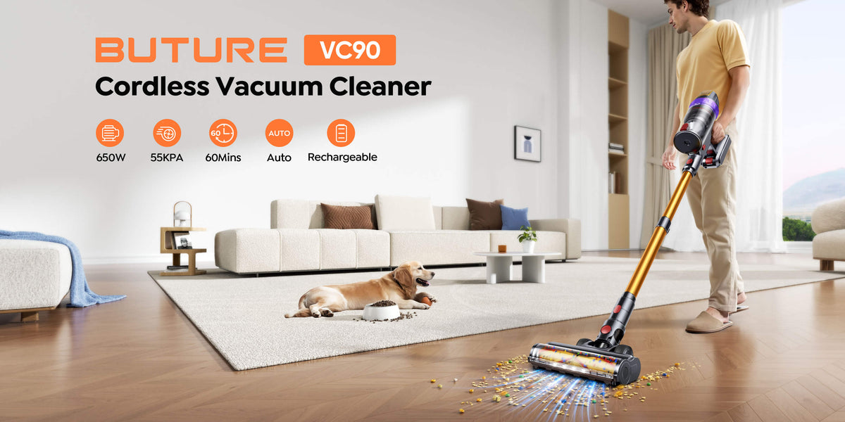 Buture VC90 cordless vacuum cleaner with 650W power, 55kPa suction, 60-minute runtime and auto mode