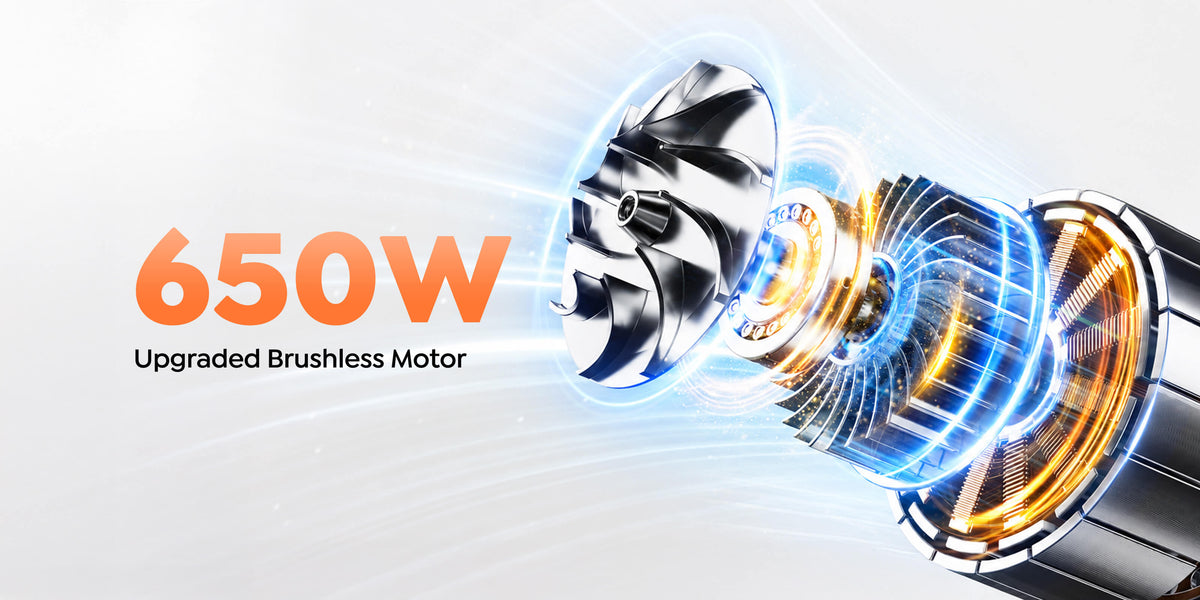 Buture VC90 cordless vacuum with upgraded 650W brushless motor for powerful cleaning.