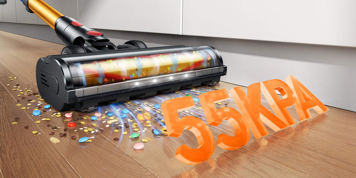 Buture VC90 cordless vacuum cleaner on wooden floor with 55KPa suction and anti-tangle brush.