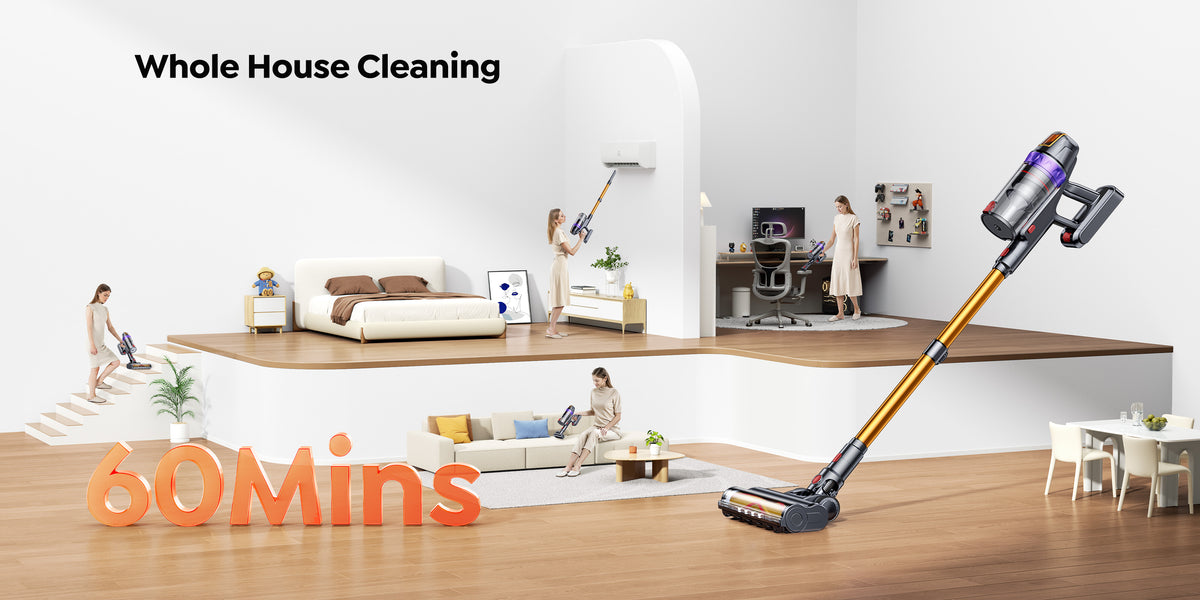Buture VC90 cordless vacuum for whole-house cleaning on stairs, sofas and high-reach areas with up to 60 minutes runtime.