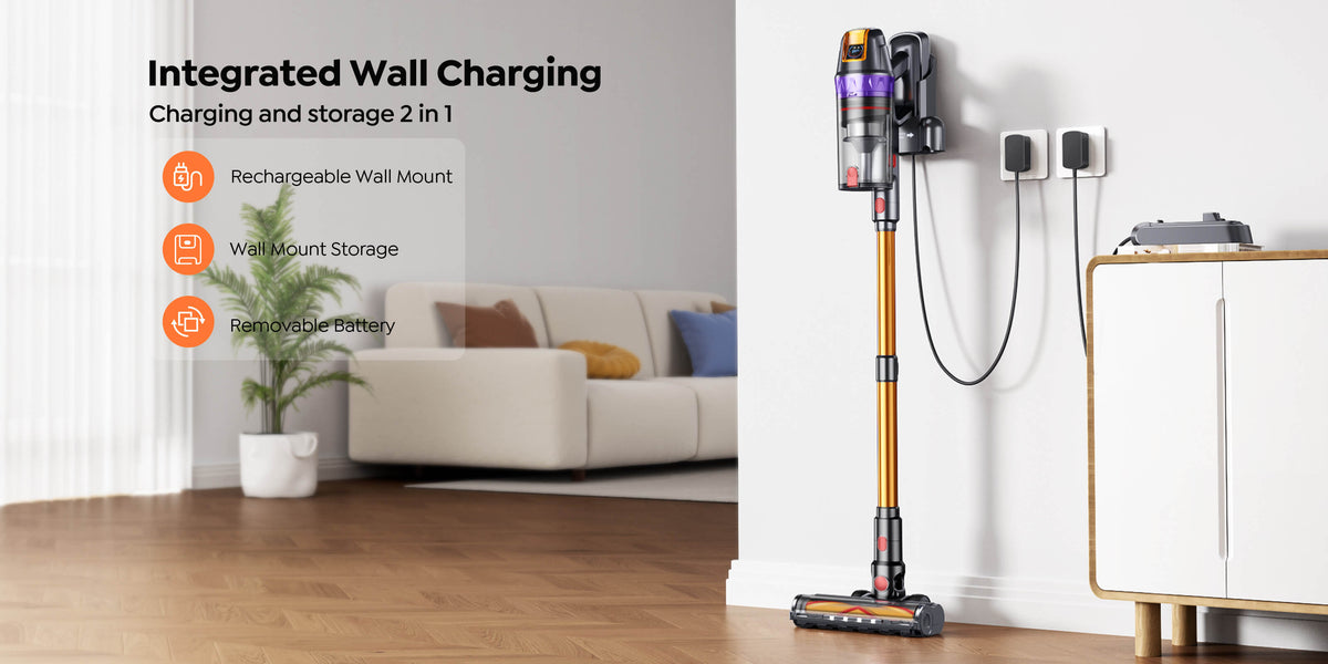 Buture VC90 cordless vacuum features wall-mounted charging dock with storage function and detachable battery.