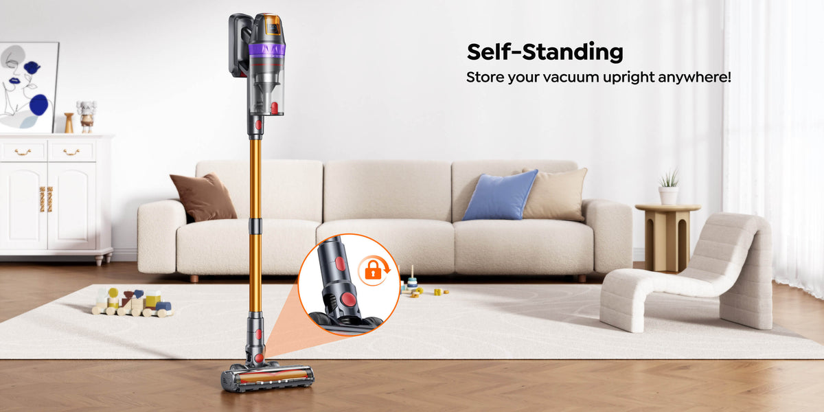 Buture VC90 cordless vacuum cleaner with self-standing design for easy upright storage anywhere.