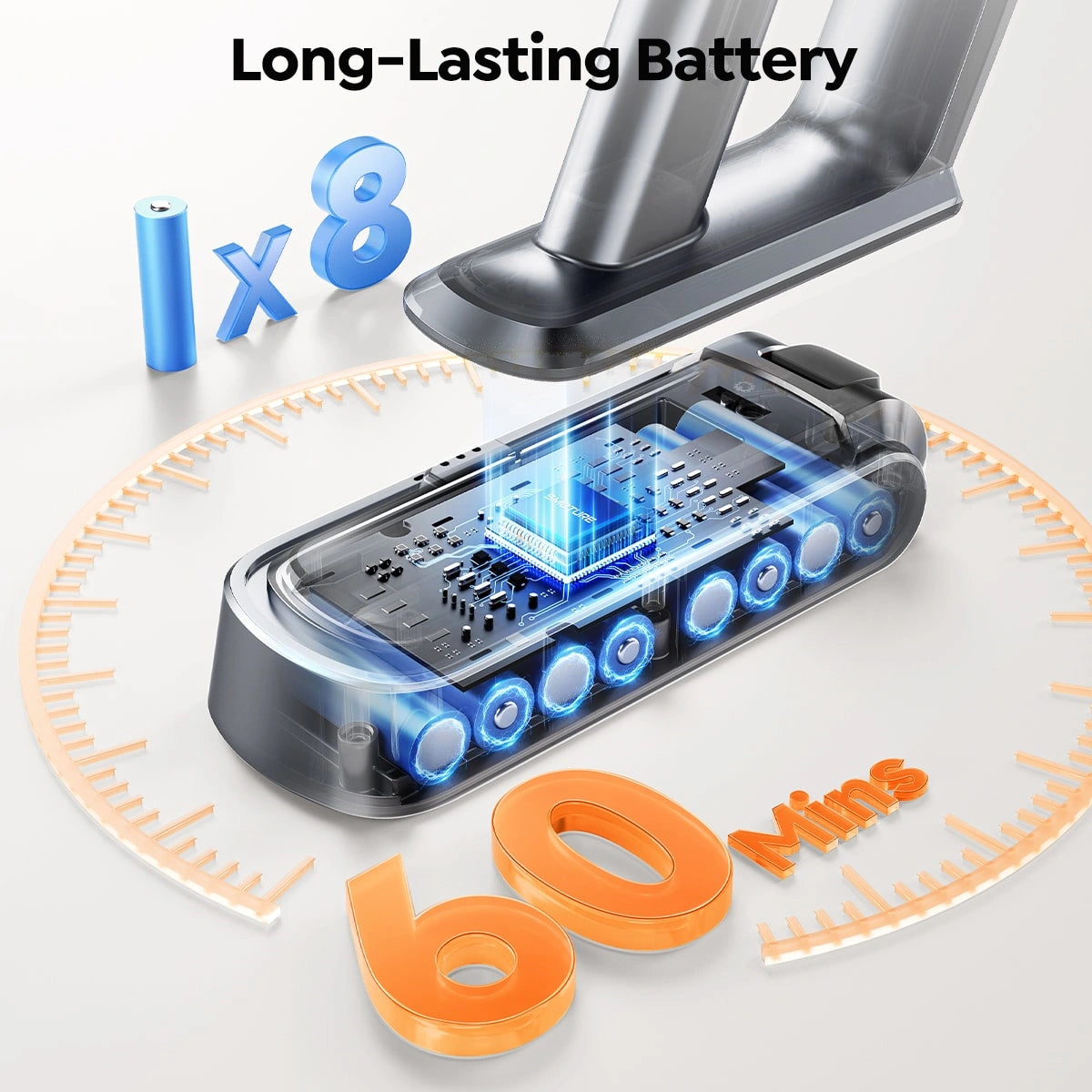 VC90 Vacuum comes with 8x long-lasting batteries up to 60 minutes running time. 