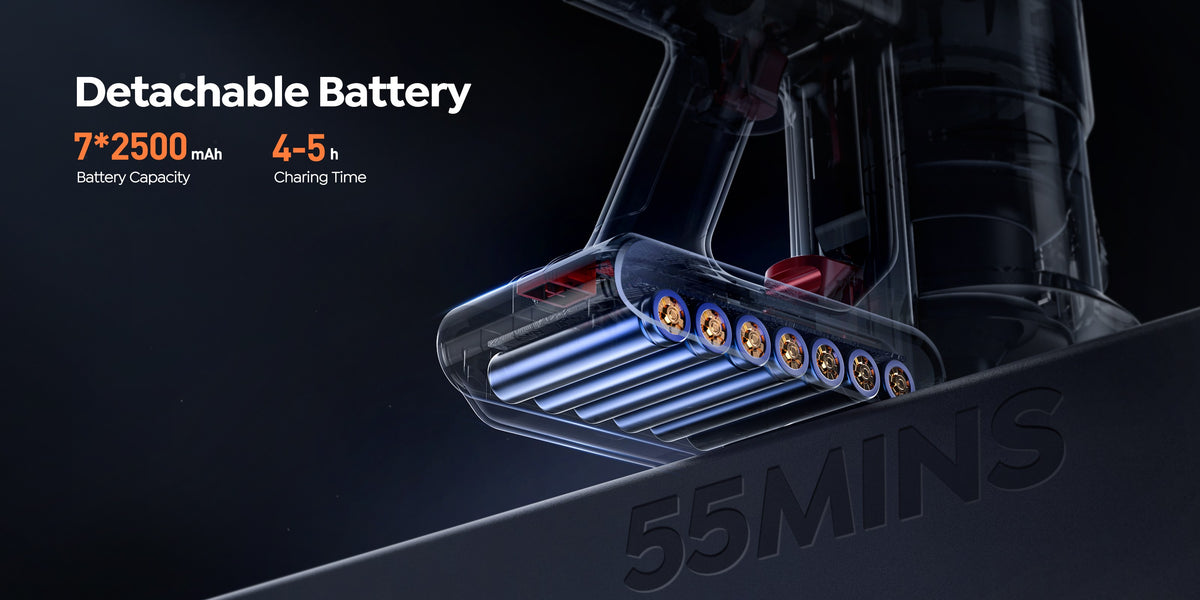Buture Stick Vacuum Cleaner JR700 Blue features a detachable battery with a capacity of 7 x 2500 mAh and a charging time of 4 to 5 hours, enables you to clean with confidence.