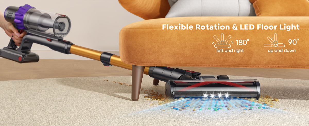 Buture VC80 cordless vacuum cleaner with flexible rotation—180° left and right, 90° up and down—and bright LED floor light for enhanced visibility during cleaning.