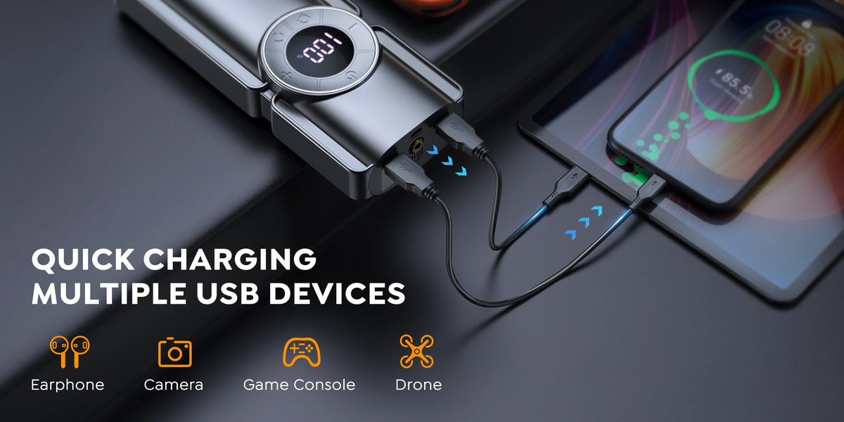 Buture Beta01 jump starter doubles as a fast-charging power bank, capable of quickly charging multiple USB devices such as earphones, cameras, game consoles, and drones.