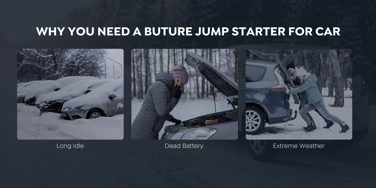 Reasons for processing a Buture Beta02 Portable Car Jump Starter: vehicles long idle, dead car battery, extreme weather.