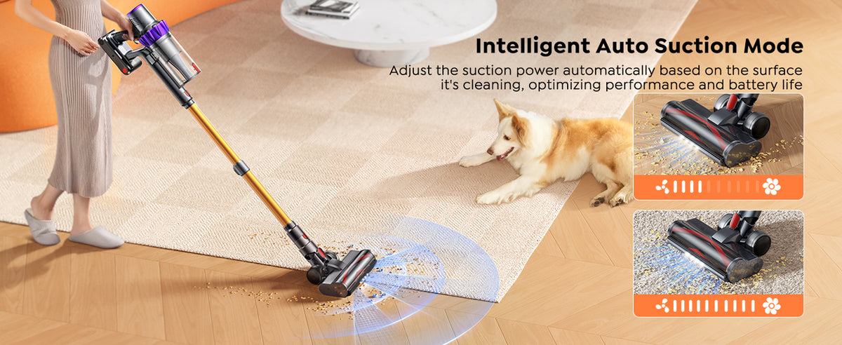 Buture VC80 Cordless Vacuum Cleaner in Intelligent Auto Suction Mode, automatically adjusting suction power according to different floor surfaces to optimize cleaning efficiency and extend battery life.